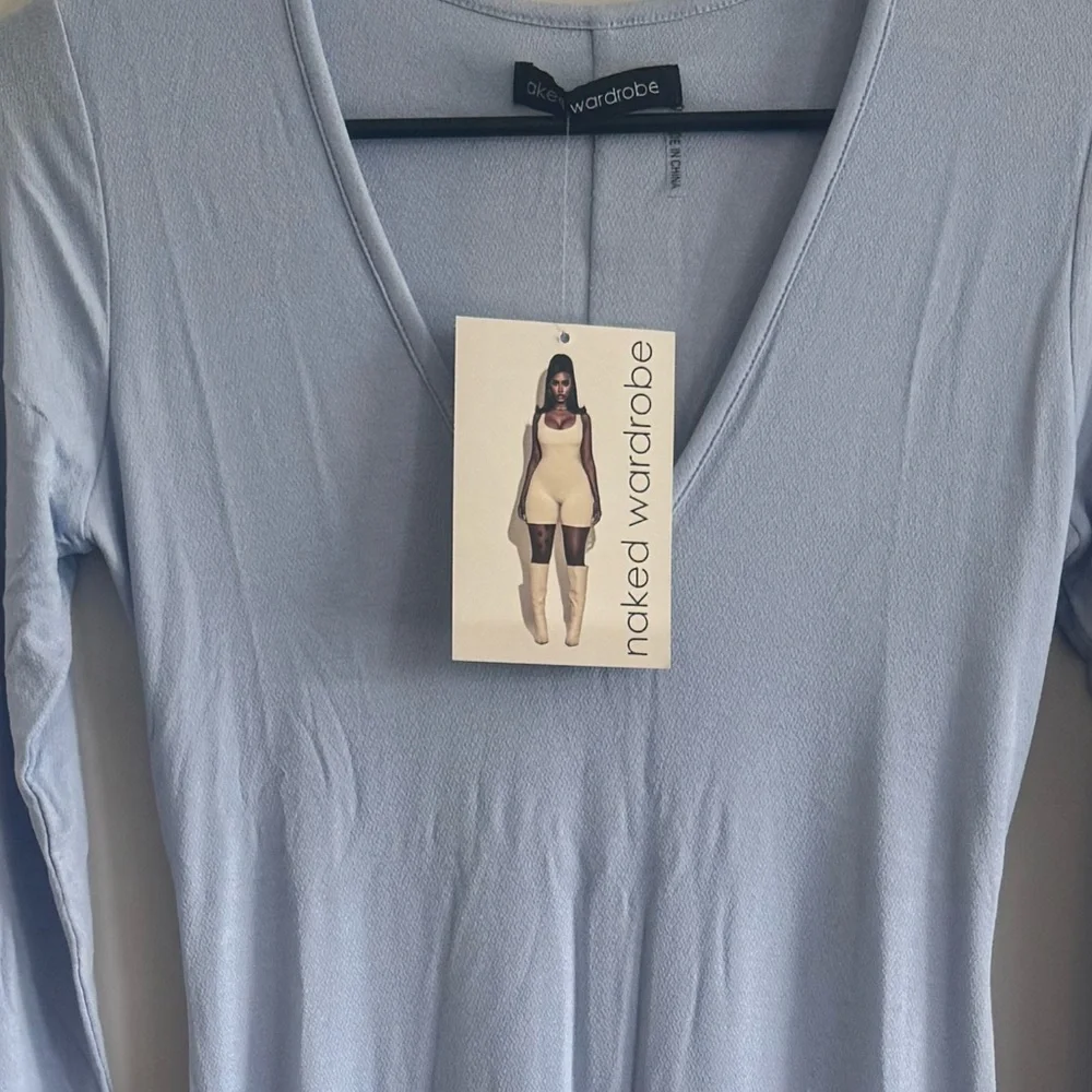 NWT Naked Wardrobe Light Blue Jumpsuit M V Neck Bodycon Full Length - Picture 2 of 9